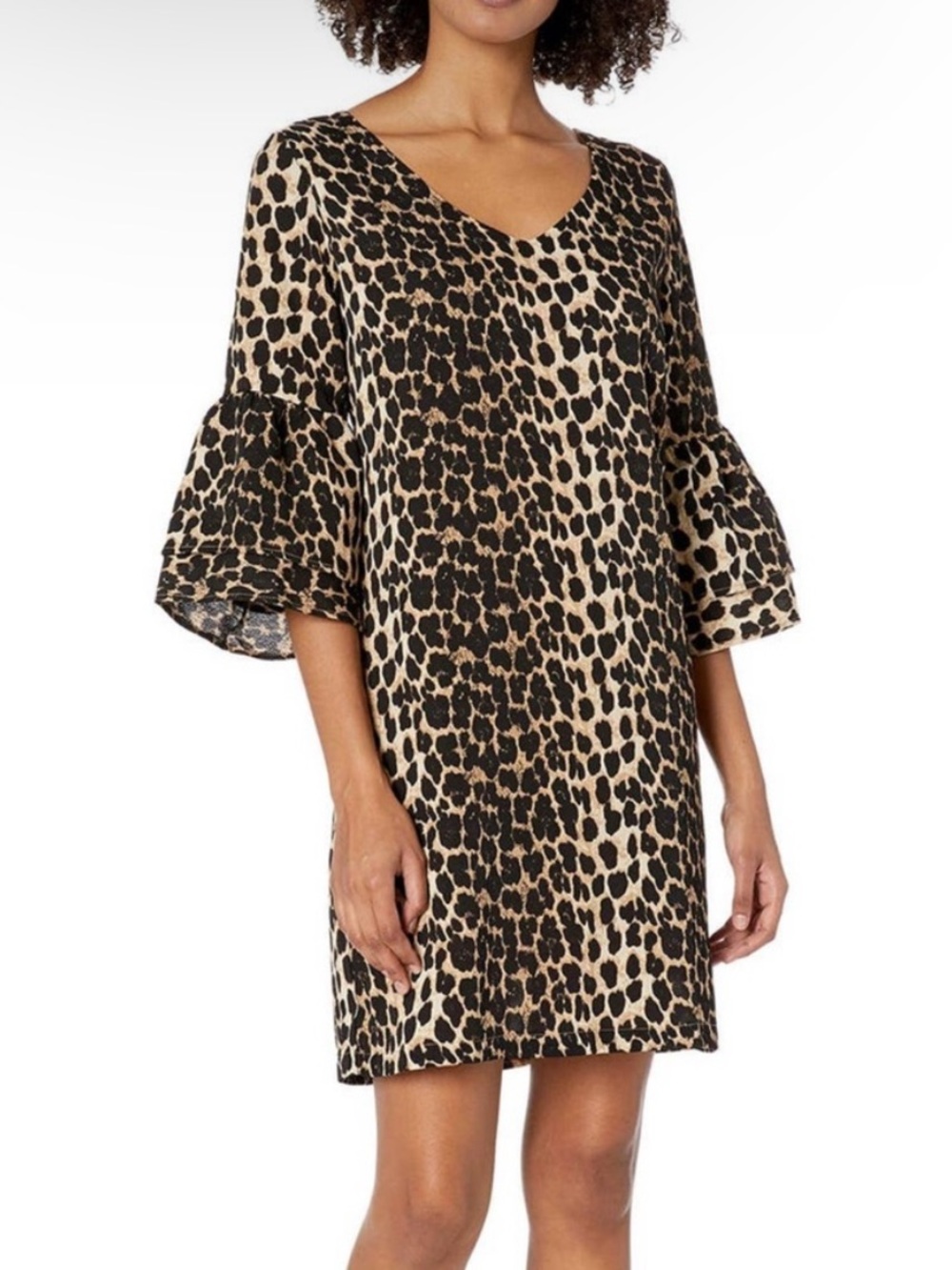 BELONGSCI Leopard Print V-Neck Bell Sleeve Mini Shift Dress